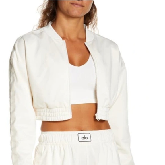 Alo Yoga Prizewinner Cropped Bomber Jacket | Bone Ivory | Size L - Picture 2 of 15